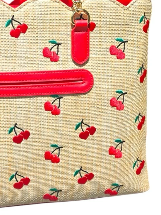 Betsey Johnson Cherry Tote Bag Scalloped Straw Red Trim Gold Chain - Picture 6 of 7